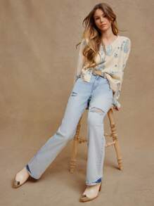 WESTFADE 高腰破洞膝盖宽松喇叭牛仔裤 - 藍色 - 查看 5