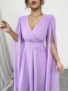Rafferiza Vestido elegante de mujer para banquetes diarios, bodas, con escote en V, plisado en la cintura, corte evasé, chal transparente de gasa color lavanda para primavera y verano, falda larga de tela para otoño