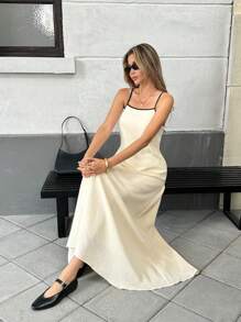 Pariaura 女士宽松休闲 V 领露背中长连衣裙，纯色，百搭 - 杏色 - 查看 4