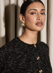 AiiRZ Luxury Knit Two-Piece Set Winter Co-Ord Button-Front Crop Cardigan With High Waist Ribbed Maxi Skirt Party Evening Holiday Outfit - Black - View 6