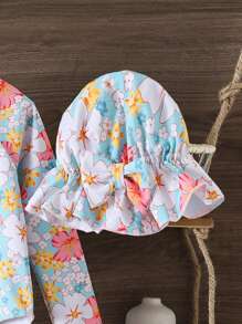 Girls' Printed One-Piece Swimsuit Girls' Floral Print One-Piece Swimsuit With Long Sleeves And Zipper Detail Young Girls' Multicolor High Neck Swimsuit With UPF 50+ Sun Protection Perfect For Summer Beach Days