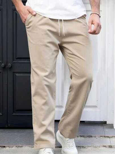 Manfinity Homme 大码男士纯色前系带口袋简约休闲裤，日常穿着，秋季