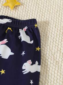 2pcs/Set Young Girl Cute Rabbit Print Navy Blue Long Pants & Short Sleeve Casual Homewear Set - Navy Blue - View 4