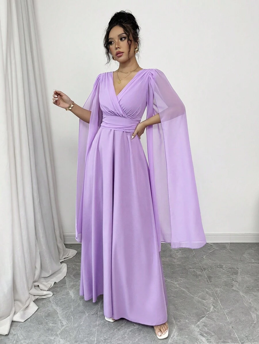 Rafferiza Vestido elegante de mujer para banquetes diarios, bodas, con escote en V, plisado en la cintura, corte evasé, chal transparente de gasa color lavanda para primavera y verano, falda larga de tela para otoño