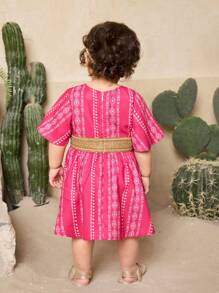 SHEIN Babygirl 可爱几何图案短袖夏日度假连衣裙 - 粉色 - 查看 2