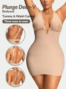 SHEIN Shape Plus Size Shaping Plunge Deep-V Shapewear Slip Body Shaper Butt Lifter With Adjustable Straps-Tummy Waist Thigh Control