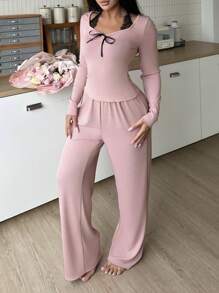 Valentine's Day 2pcs Lace Trim Tie-Up Sweet Y2K Style Women Pajama Set