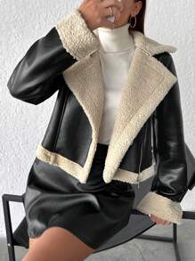 EURMUSE Teddy Lined Zip Up Moto Jacket - Black - View 1