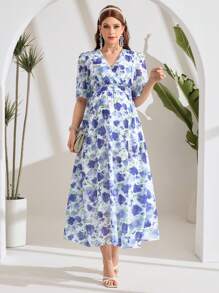 SHEIN Vestido casual de maternidad con cuello en V, manga corta y estampado floral all-over, cómodo
