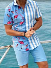 Manfinity RSRT Men's Flamingo Stripe Single Breasted Short Sleeve Shirt And Shorts Holiday Casual Set - Blue - View 1