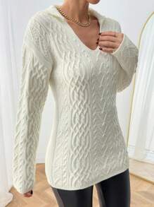 SHEIN Women Solid Color Cable Knit Patten Collar Neck Drop Shoulder Pullover