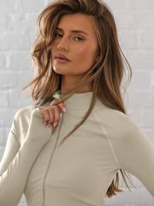 Musera Sport 拉链高领短款运动上衣外套，适合板式网球、网球、匹克球、健身房、瑜伽、普拉提、日常休闲穿着。 - 奶油色 - 查看 5