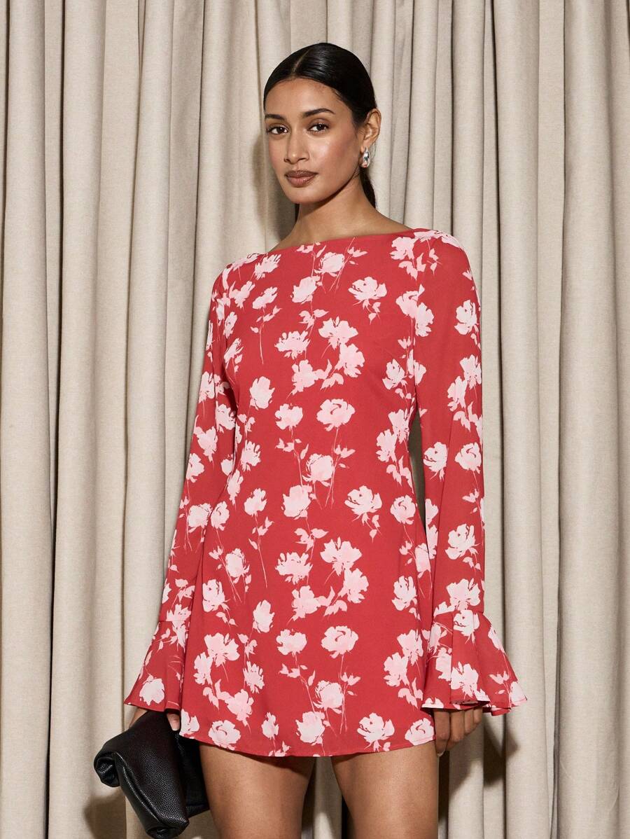 AiiRZ Slash Neck With Scoop Back Floral Flippy Mini Dress Valentines - Multicolor - View 1