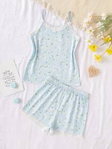 2pcs Tween Girls Ditsy Floral Sleeveless Top & Shorts Sets, Stylish & Lace Patchwork Home Outfit - Multicolor - View 3