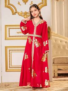 Tween Girls Chiffon Arabian Dress With Gold Foil Printed 2 Pieces Set - Burgundy - View 7