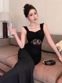 DAZY 女式蕾丝拼接宽肩带优雅修身中长连衣裙太阳裙，正式女装 - 黑色 - 查看 4