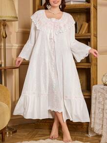 Plus Size Floral Embroidery Contrast Lace Robe And Camisole Dress Vintage Set , Fall Clothes - White - View 6