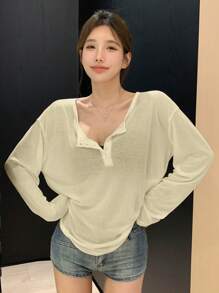 DAZY Women's Solid Color Front Button Long Sleeve Simple Blouse, Casual For Daily Wear,Back To School Clothes - Beige - View 4