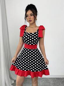 Rafferiza Women Square Neck Sleeveless Polka Dot Bowknot Dress, Minimalist Design - Black - View 6