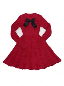 Selianne Váy len thắt eo trang trí nơ thanh lịch giản dị cho nữ, mùa thu/đông - Màu Đỏ Sâu - Xem 7