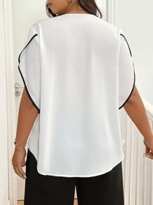 Rometta Blusa de negocios elegante y casual con cuello de contraste, pliegues, asimétrico, drapeado cruzado, ribete de contraste y mangas con escote en V, talla grande