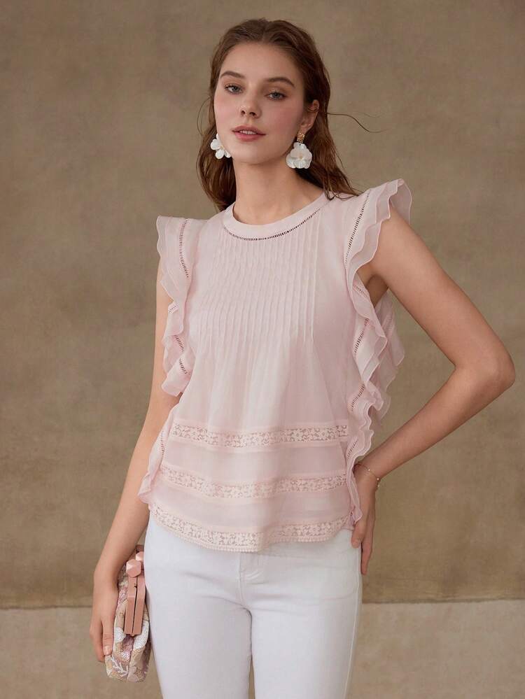 CONTRAST LACE RUFFLE TRIM BLOUSE,SPRING/SUMMER