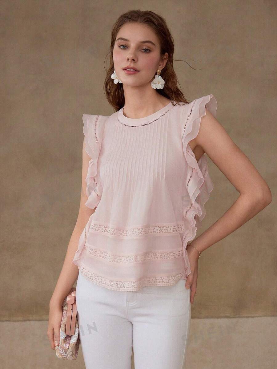 MOTF PREMIUM BLUSA CON VOLANTES DE ENCAJE DE CONTRASTE - Rosa - Ver 1