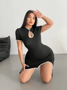Flirla Plus Size Summer New Chinese Style Romantic Retro Cheongsam Y2K Contrast Binding Cut Out Sexy Bodycon Dress
