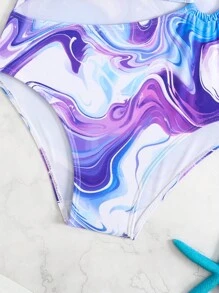 SHEIN Tween Girl Marble Print Cutout Sleeveless Swimsuit, Random Print - Multicolor - View 9