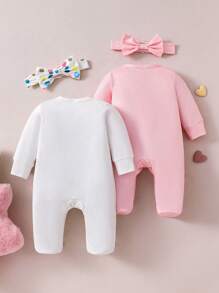 2 Pieces Baby Girls Sweet Heart & Cloud Print Long Sleeve Footie Pajamas And Headband Set - Multicolor - View 3