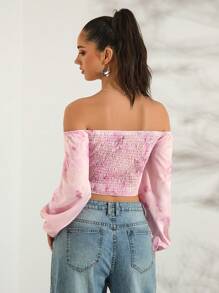 Glamine Floral Print Off Shoulder Tie Neck Bow Cuff Long Sleeve Elegant Blouse For Women, Spring/Summer Tops Pink Tie Up Top - Multicolor - View 2
