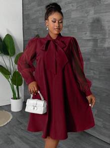Maweii Plus Size Solid Color Tie Neck Mesh Splice Elegant Long Sleeve Dress Burgundy Color Women Outfit Fall Cloth For Women - Burgundy - View 4