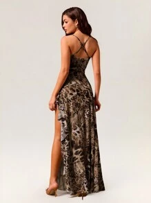 Glamine Women's Jungle Camo Maxi Dress: Sexy Leopard Print With High Slit And Ruffle Detail Women Dresses Vacation