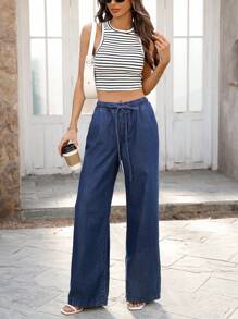 SHEIN Essnce 女士休闲抽绳腰阔腿牛仔裤 - 深色水洗藍 - 查看 4