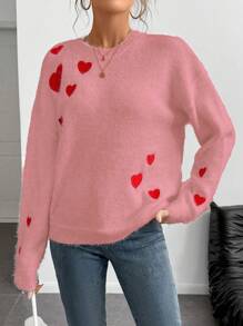 Chiquease European & American Stylish Heart Embroidery Pattern Faux Mink Loose Fit Casual Pullover Sweater, For Valentine's Day/Autumn/Winter