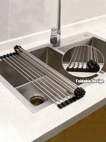 1 Pc Over The Sink Dish Drying Rack, Roll Up Dish Drying Rack Kitchen Dish Rack Stainless Steel Sink Drying Rack, Foldable Dish Drainer Folding Stainless Steel Drain Rack For Sink, Multifunctional Bowl, Plate, Vegetable And Fruit Storage, Drain Curtain For Kitchen,Black(9/11/13in)
