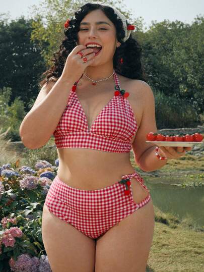 Swim Mod Plus Size Women 2pcs Bikini Swimwear Set With Cute Cherry Decor, Adjustable Drawstring Waist & Bowknot Design, For Summer Beach Vacation