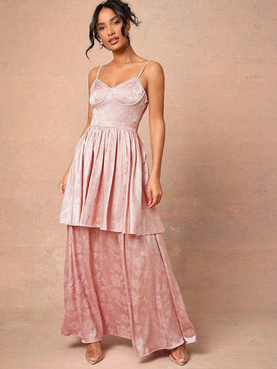 L'Amorae Abito lungo con bustier a balze, ricamato a fiori con decori in perle - Rosa - Visualizzare 1