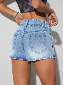 SHEIN ICON Minifalda corta de mezclilla con cintura baja y dobladillo deshilachado para mujeres - Lavado ligero - Ver 2