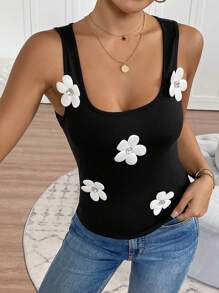 SHEIN Unity 女士优雅 3D 花卉修身方领背心 - 黑色 - 查看 4