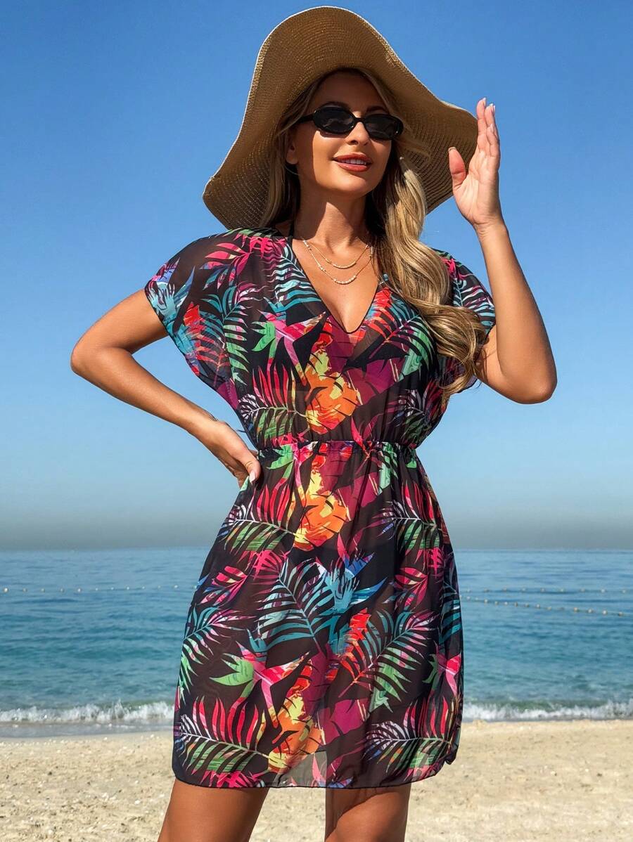 Swim Lushoire 女式 V 领短袖印花简约罩衫，休闲和度假装，适合夏季海滩度假 - 彩色 - 查看 1