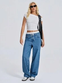 EURMUSE WOMEN WIDE LEG LOW WAIST JEANS - Medium Wash - View 5