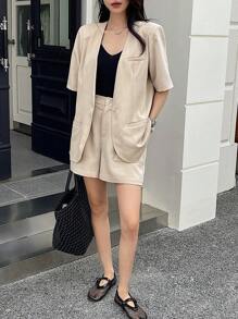 DAZY Conjunto de top blazer de lino de albaricoque de manga corta y pantalones cortos para mujer, traje informal de verano ligero de manga corta mitad sólido, conjunto de dos piezas para mujer - Caqui - Ver 7