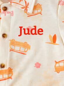 Set de 2 piezas de camisa de manga corta y pantalones cortos casuales para niños con impresión de árbol de coco y coche de dibujos animados, fresco, ligero y cómodo para uso diario y al aire libre en verano