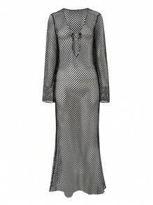 SHEIN Swim 1 Pc Long Sleeve Beach Cover-Up Dress, Solid Color Fishnet, Front Circular Ring Deep V Elegant Design For Women, For Summer Vacation