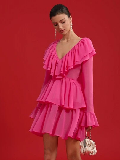 Aveloria Rosie Women Ruffle V-Neck Waist Cinching Long Sleeve Dress Elegant FashionableOld Money Style  ROMANTIC Style Inspiration Fall Cloth For Women