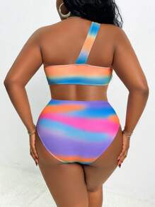 SHEIN Swim Curve Plus Size Women 2pcs/Set Colorful Tie Dye Print One Shoulder Hollow Top Paired With Matching Ruched Print Sexy Summer Beach Swimwear Set