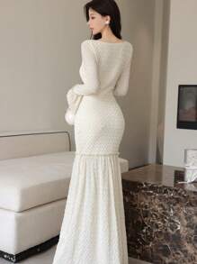 Modelyn Women U-Neck Bell Sleeve Patchwork Mermaid Hem Bodycon Elegant Date Dress - Apricot - View 3