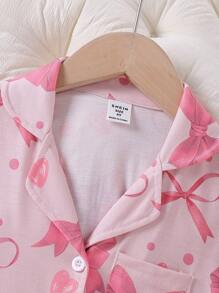 Bộ đồ ngủ tay ngắn cổ ve in nơ cho bé gái, quần short và áo ngủ chống cháy - Bụi hồng - Xem 5