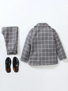 SHEIN 2 件套男童西装套装：剪裁格子西装外套和松紧腰裤。采用柔软、抗皱面料制成，适合春季、秋季和冬季场合，如派对、婚礼和学校 - 黑色 - 查看 2